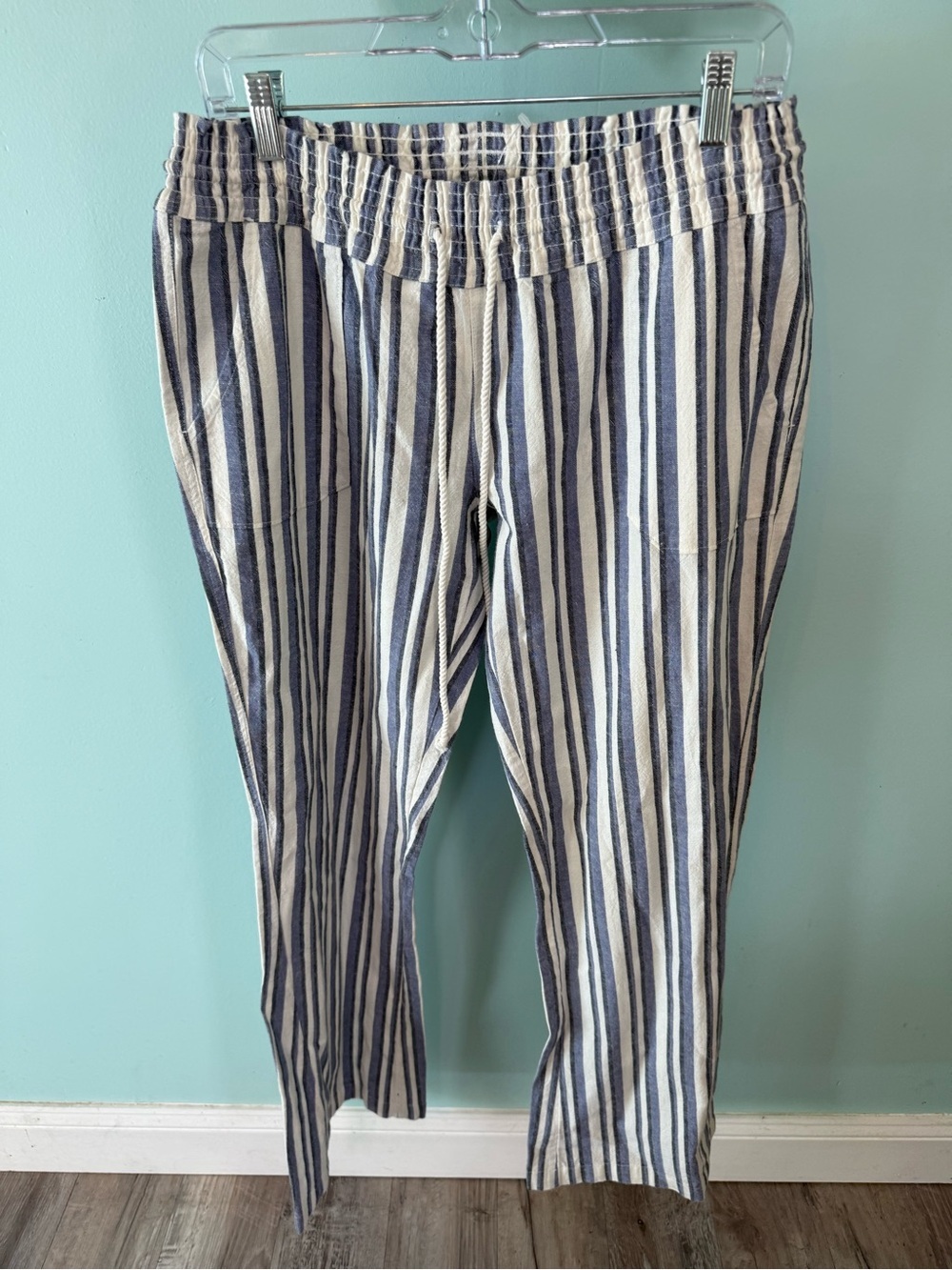 Roxy Blue and White Striped Drawstring Linen Pants Size XL